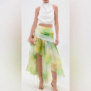 NWT AKIRA Elegant Green and white chiffon asymmetrical stretchy skirt size L